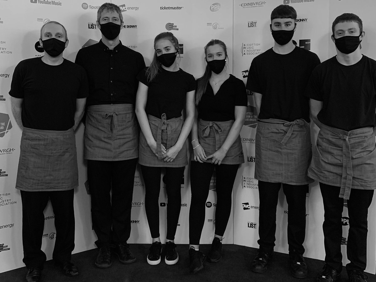 MauleandMaule's tweet photo. Well done @mogwaiband 🙌 for winning the @SAYaward (Scottish Album of the The Year, 2021).
The Wild Fig team served event crew and #vegancanapes ahead of the ceremony. They are smiling - honest! #smilingbehindthemask
@CreativeScots https://t.co/4PcTW6wGRE