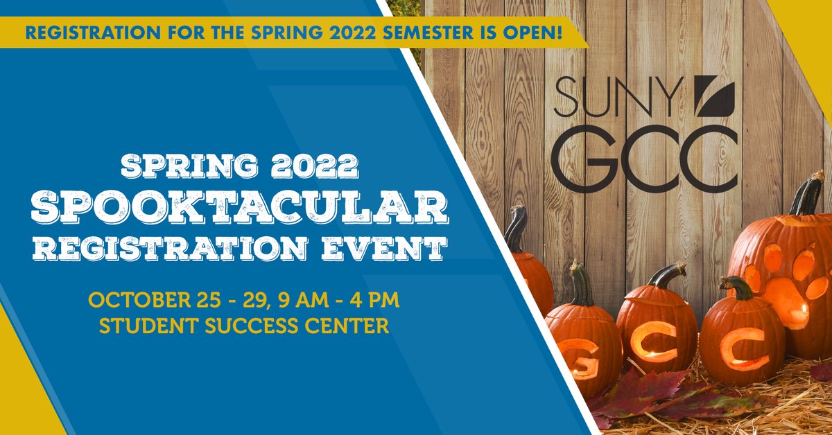 It's the Spring 2020 SPOOKTACULAR Registration Event!

All week, from 9-4pm, stop by our Student Success Center to register for classes and enjoy some spooky fun and prizes.

For more information, visit bit.ly/StudentSuccess…