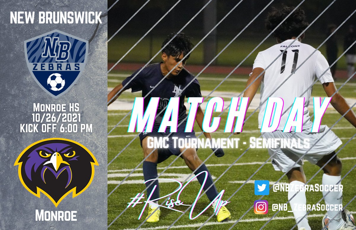 (9) @NBZebraSoccer travels to (4) @MonroeTwpHS for the '21 @GMConferenceNJ @TheGMCsoccer Final Four on 10/26. ⏰ 6PM // 🦓 v 🦅 // #RiseUp #ZebraNation #ALLIN4NB
