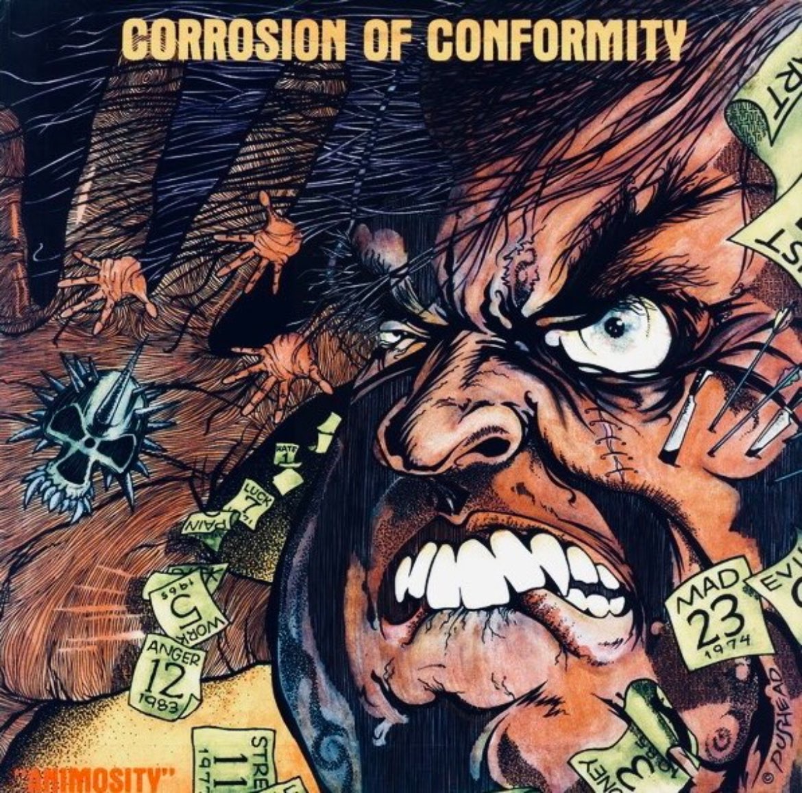 ThisDayInMETAL's tweet photo. Oct 25th 1985 #CorrosionOfConformity released the album "Animosity" #PositiveOutlook #Prayer #LossForWords #Holier #Intervention #HeavyMetal
Did you know...
Album cover art was done by the artist Pushead. https://t.co/zpINEq6KmE
