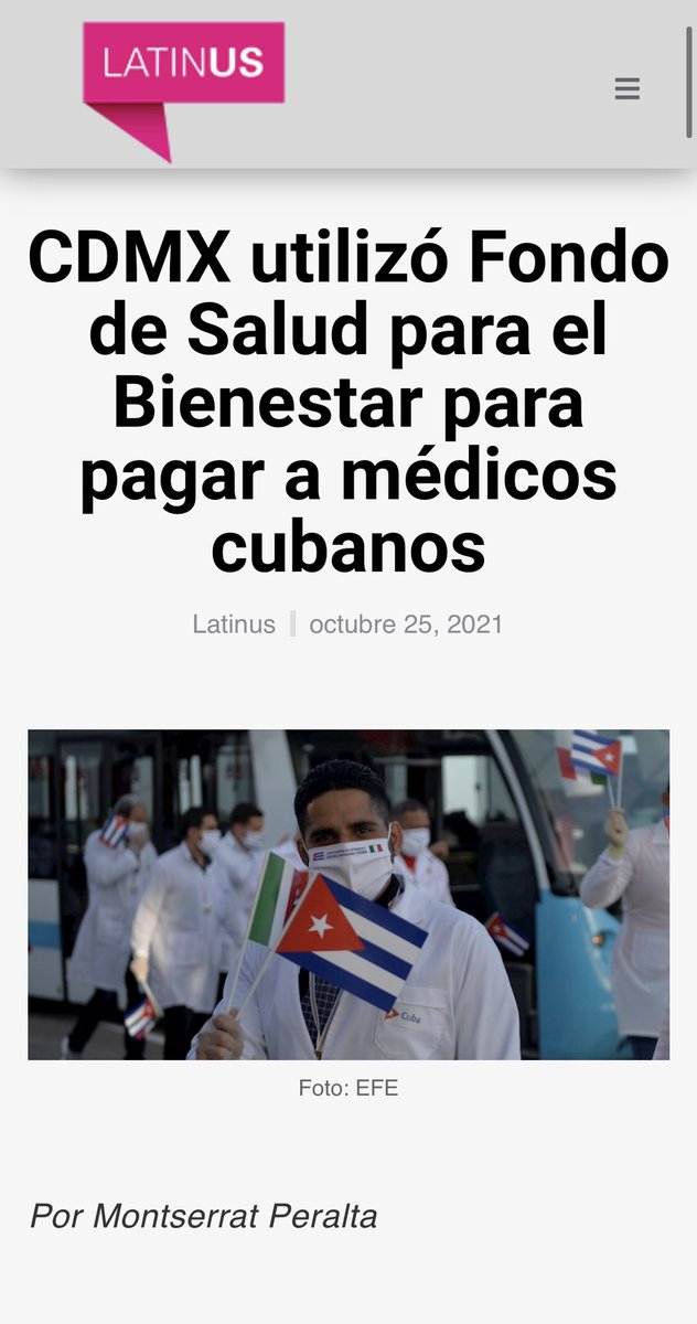 El gobierno de <a href="/Claudiashein/">Claudia Sheinbaum Pardo</a> 🇲🇽utilizó el Fondo de Salud para el Bienestar para pagar a médicos cubanos. Triangularon 135 MDP al Gobierno de Cuba 🇨🇺 en una cuenta bancaria que no fue transparentada

Un investigación de <a href="/montseperbet19/">Montserrat Peralta</a> 

latinus.us/2021/10/25/cdm….