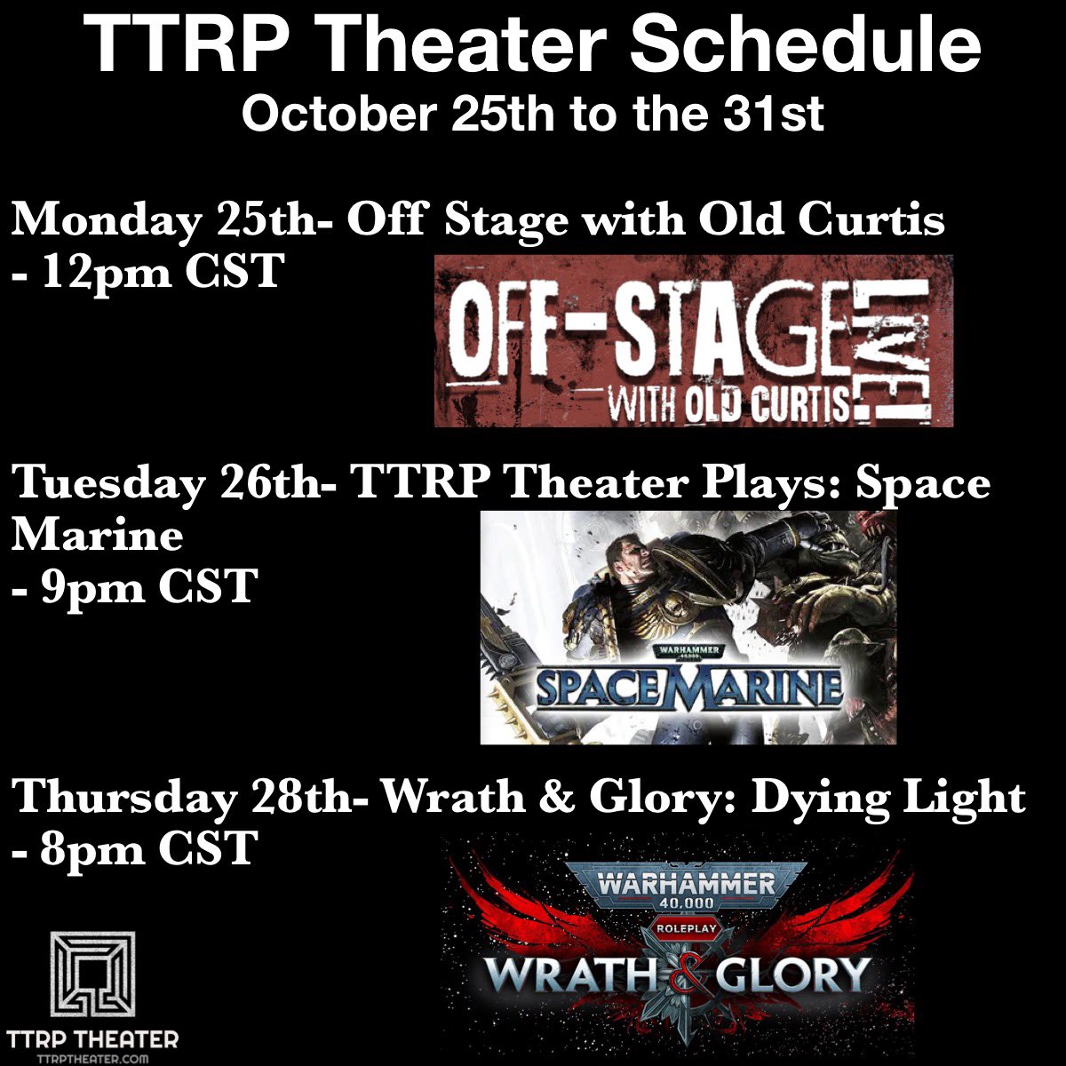 TTRPTheater's tweet photo. Our coming schedule for this week!
https://t.co/uKfeEuFRV9
#twitch #twitchstreamer #twitchaffiliate #gamer #actualplay #ttrpgs #rpgs #ttrpgsolidarity #40k #warhammer40k #spacemarines #wrathandglory #cubicleseven #tabletopgames #roleplaying #gaming https://t.co/QSUxq7xIp3
