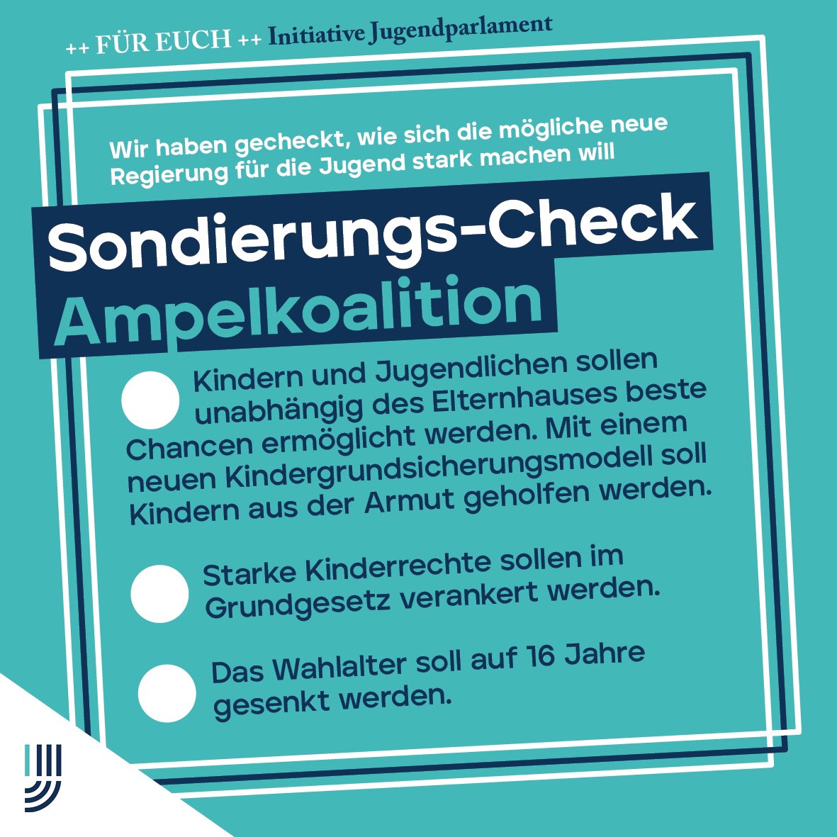 Wir haben für euch gecheckt, wie sich die mögliche #Ampelkoalition für die #Jugend stark machen möchte 🚦 

#initiativejugendparlament #sondierungscheck #chancengleichheit #kinderrechte #grundgesetz #wahlalter #demokratie #partizipation