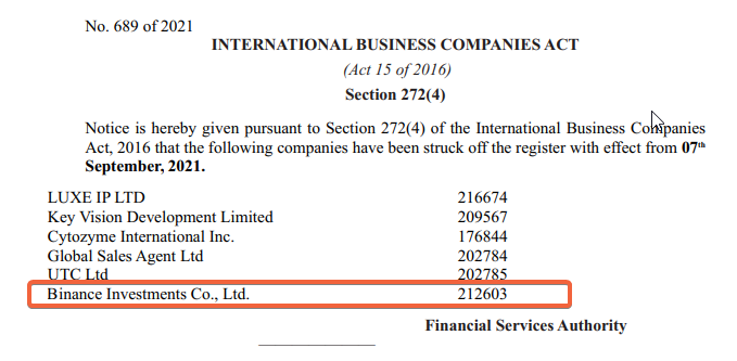 intel_jakal's tweet photo. #binance #seychelles binance Investment Co., Ltd. (Seychelles) struck off from register 7 September 2021  around the same time the #caymanisland entity was due to be struck off.  @franciskim_co https://t.co/KpobWRKf01