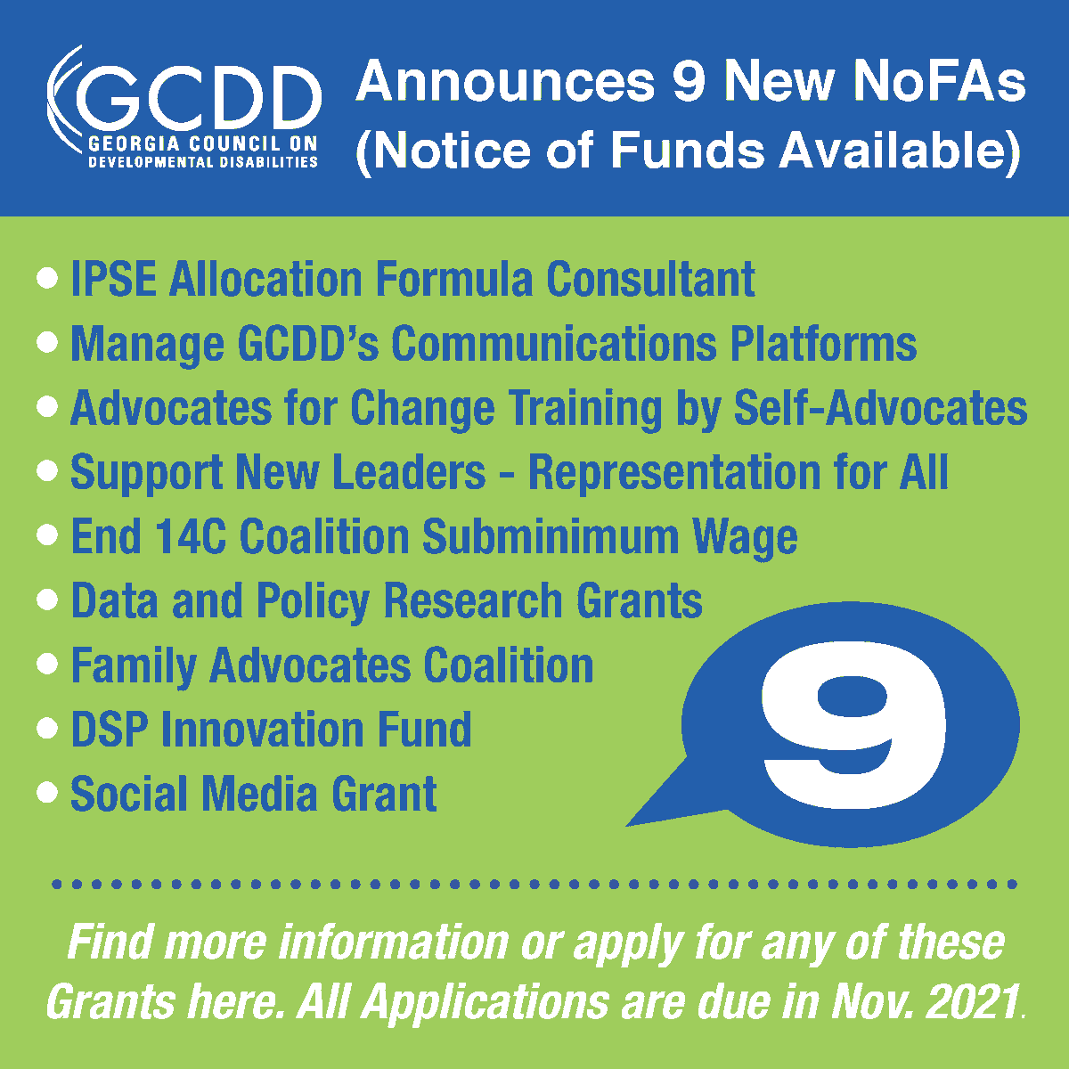 #GCDD has opened 9 new grant opportunities!

The NoFAs will help the Council fulfill its mission in accordance w/ the Developmental Disabilities Assistance and Bill of Rights Act Amendments of 2000 and its Five-Year Strategic Plan. For more details, visit: bit.ly/3jt16UC