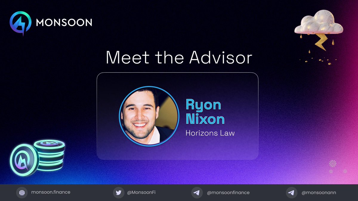 Advisor Spotlight: Ryon Nixon We are elated to onboard our new Advisor @ryonnixon, a University of California alumnus, Tier 1 Blockchain Project Lawyer, Founding Partner at Horizons Law & Consulting & GC at MyCrypto. Read more about Ryon:medium.com/monsoonfinance…