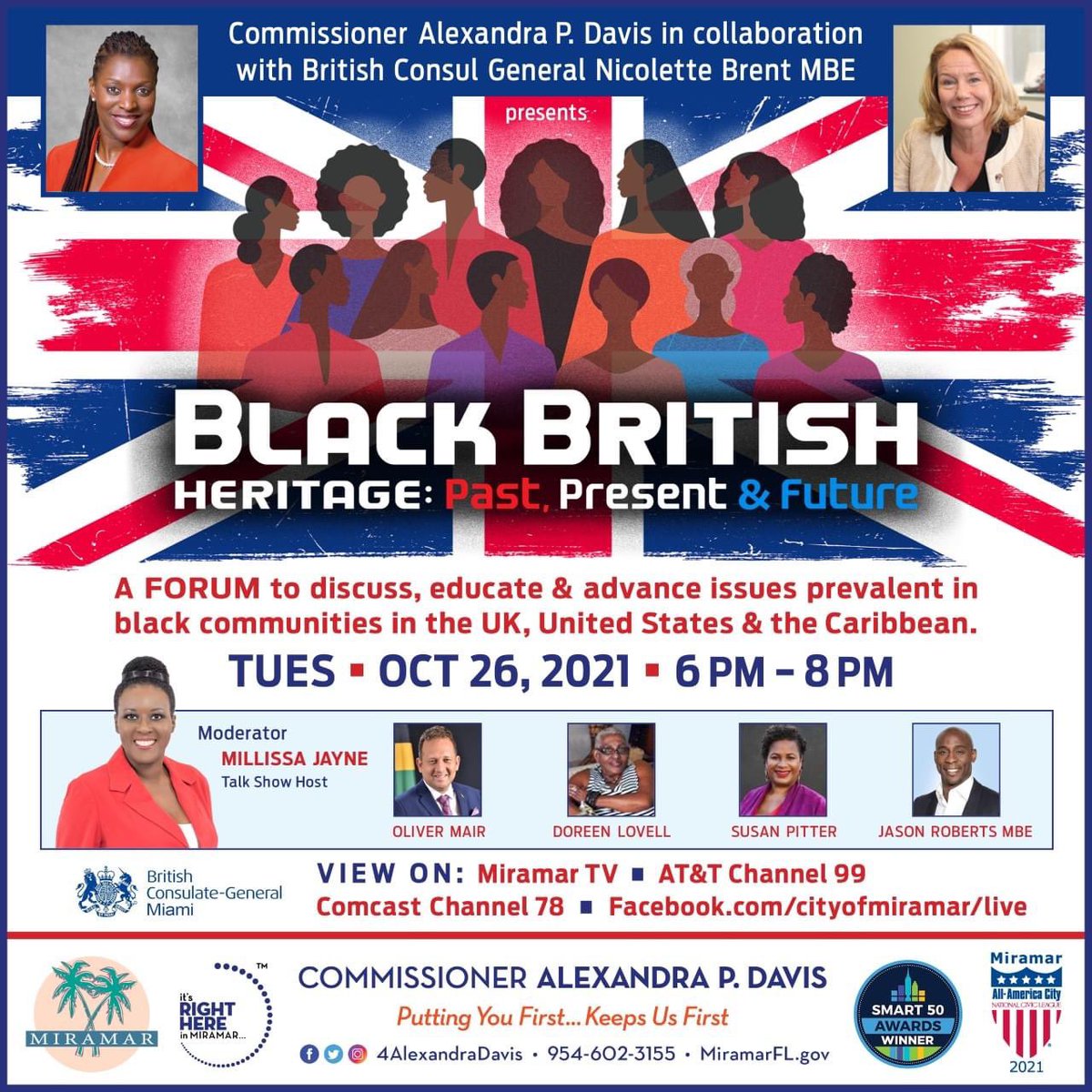 CityofMiramar's tweet photo. TOMORROW: Commissioner @4alexandradavis in collaboration with @NicBrentUKCG and @UKinFlorida present A forum to discuss, educate and advance issues prevalent in Black Communities in the UK, United States and The Caribbean. https://t.co/Dmh4fdhUrH https://t.co/IP3VJ9NTTN