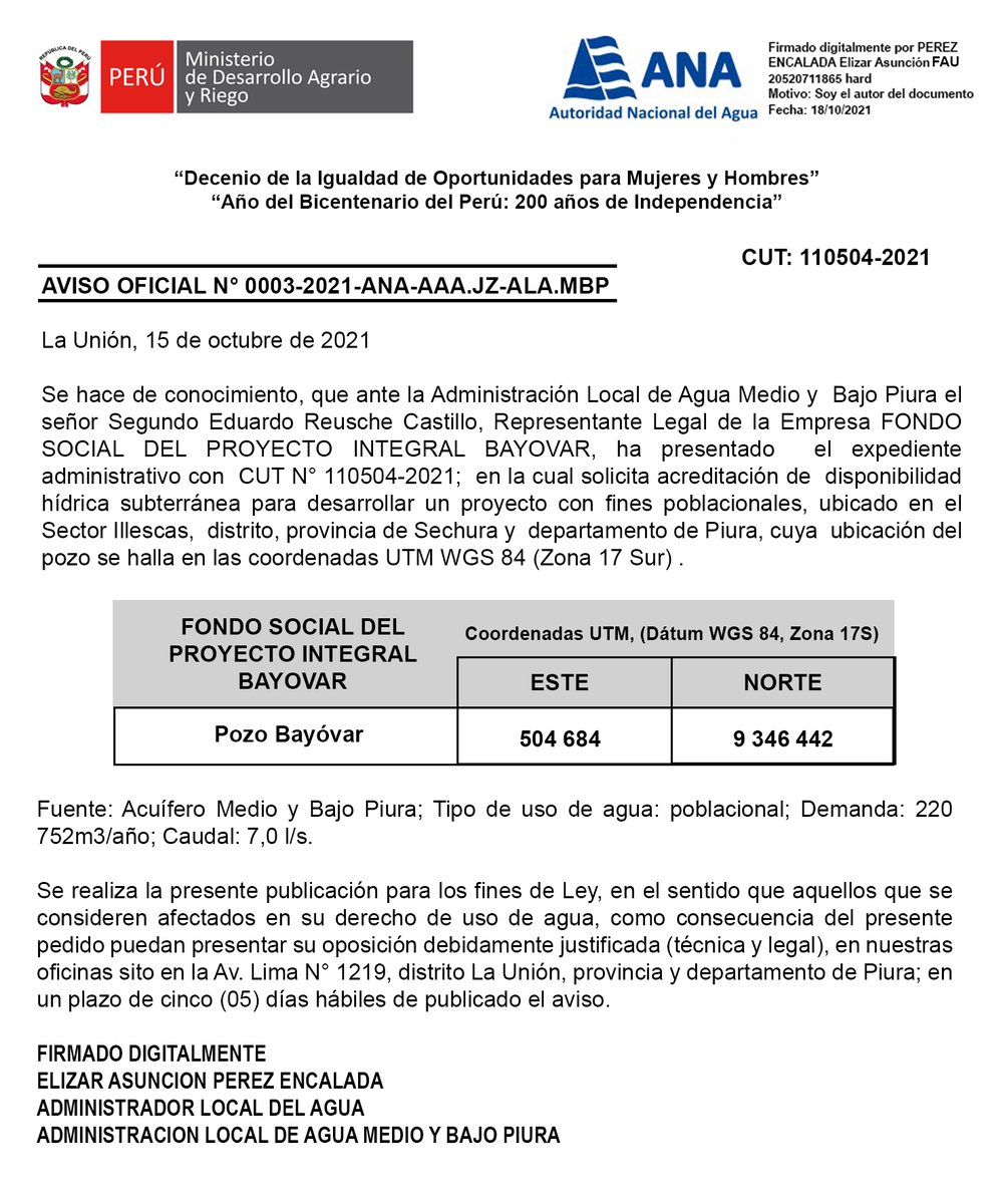 Fospibay's tweet photo. #AVISO_IMPORTANTE
AVISO OFICIAL N° 0003-2021-ANA-AAA.JZ-ALA.MBP https://t.co/am59vO8hz0