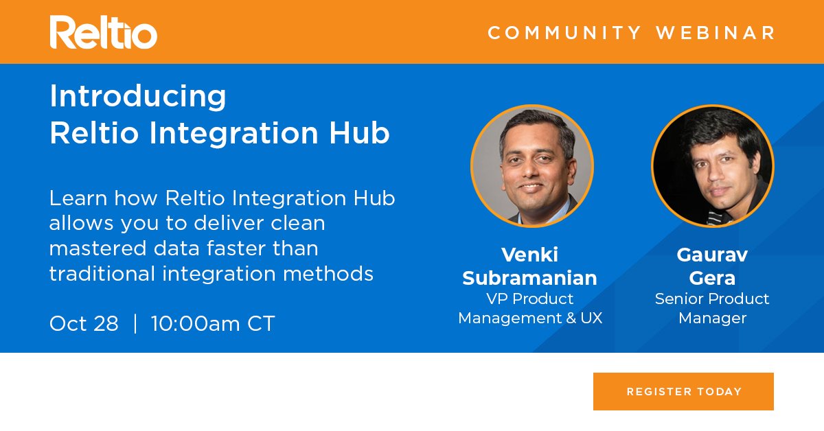 Reltio's tweet photo. Live demo of the Reltio Integration Hub this Thursday.  See how you can get started and drive value with our new integration tool.  Register at: https://t.co/mGYHoNsvvG

#integration #dataintegration #rapidintegration #valuefromdata #community #bettertogether https://t.co/Vm81j1DNzx