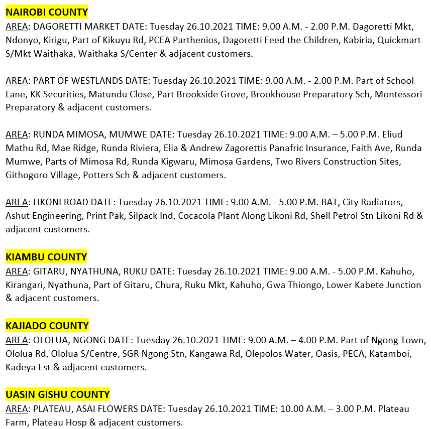 KenyaPower_Care's tweet photo. Hello, these areas will be affected by planned power interruptions tomorrow: ^BT https://t.co/Q7CWUvCMsg