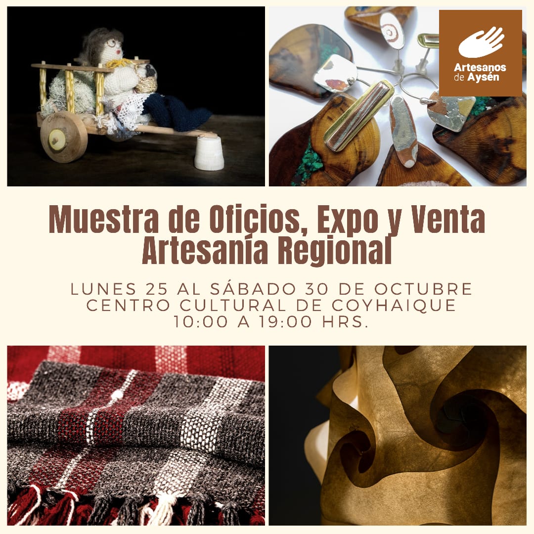✨ Muestra de oficio y artesanías [ Artesanos de Aysén A.G.] en el #EspacioCulturalColaborativo del 📍 Centro Cultural Coyhaique.

‼️ Tod@s cordialmente invitados ‼️ Desde el Lunes 25 hasta el Sábado 30 de Octubre 👀

#CCMC #Artesanía #Patagonia #ArtesanosdeAysén