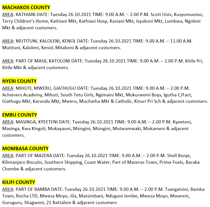 KenyaPower_Care's tweet photo. Hello, these areas will be affected by planned power interruptions tomorrow: ^BT https://t.co/Q7CWUvCMsg