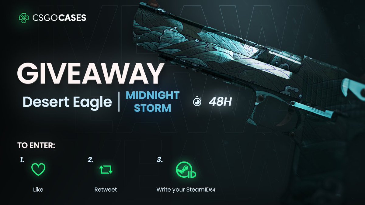 csgocasescom's tweet photo. 💥Desert Eagle | Midnight Storm (MW) GIVEAWAY!💥
How to Enter:
💗Like
🔁Retweet
✍️Write your SteamID64 

🎁Winner will be announced in 48h⏰

#CSGO #csgoskins #csgocases #csgoskinsgiveaway #csgocommunity #giveaway #CSGOGiveaway https://t.co/acTsfUUiAN