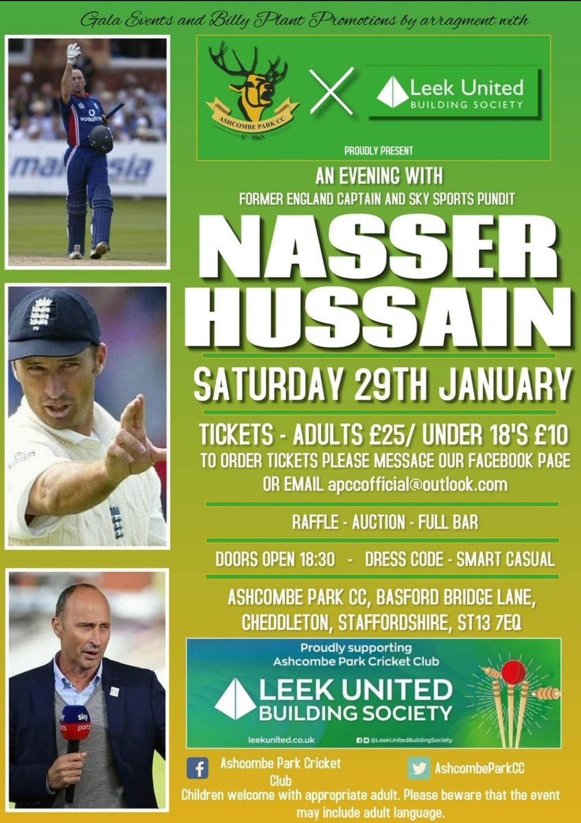 Ashcombe Park and @leekunited are delighted to bring you and Evening with <a href="/nassercricket/">Nasser Hussain</a>. All details on the poster. Heres to another huge night. #apcc