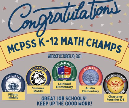 Way to go @MobilePublicSch @HMHCo Math Champs for the weeks of Oct. 13 and Oct. 20! Very proud of your hard work! @DicksonTigers @gilliard_gators @ORourkeES @Causeytigers @Pillans_Middle Semmes Middle @LeinkaufE @MaryBAustin @ChastangFalcons