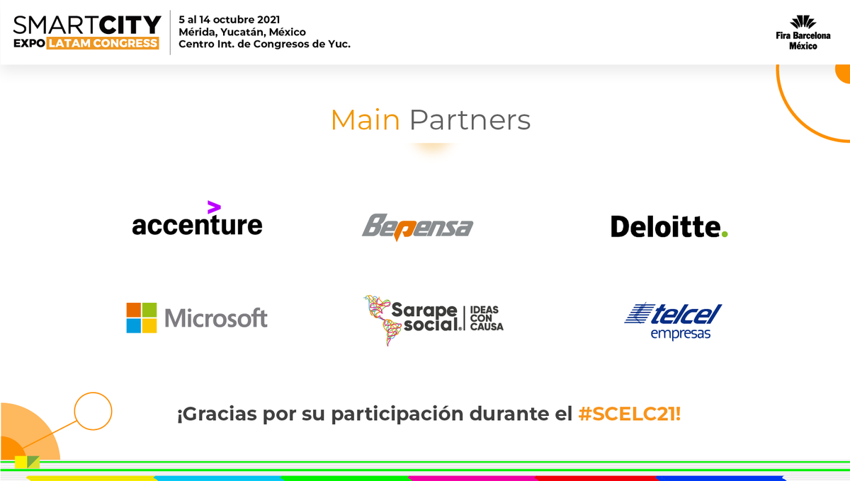SmartCityLATAM's tweet photo. Hoy queremos agradecer la participación y la implicación de nuestros aliados.
La colaboración de todos nuestros #MainPartners hace que el #SCELC21 se posicione como la plataforma más importante de ciudades y territorios de América Latina.
¡Los esperamos en 2022!
@DeloitteMX https://t.co/t782hQUcr9