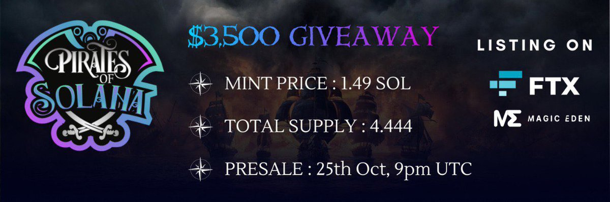 PiratesOfSolana's tweet photo. Ahoy! Our pirates made it happen 🏴‍☠️ 

We will be listing with @ftx_us and @MagicEden_NFT. 

We are giving away 15 SOL (approx. $3500) as promised to 5 lucky winners (3 SOL each).

To enter, you need to: 

1.) RT &amp; Like
2.) Join our Discord: https://t.co/o2bma3ylfG

#NFT #Solana https://t.co/mMiWCP9Wdw