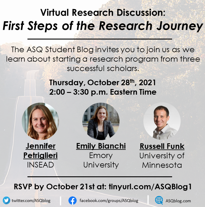 ASQblog's tweet image. Reminder, happening this Thursday!

@ASQblog organizers invite you to our first #virtualdiscussion about #publication! Join #jenniferpetriglieri #emilybianchi and @russellfunk as we discuss first research steps.