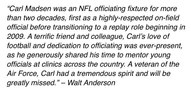 TomPelissero's tweet photo. Terrible news: A longtime member of the NFL officiating family, replay official Carl Madsen, passed away tragically Sunday while en route home from the Kansas City-Tennessee game. He was 71. https://t.co/aX5dVAGNKl