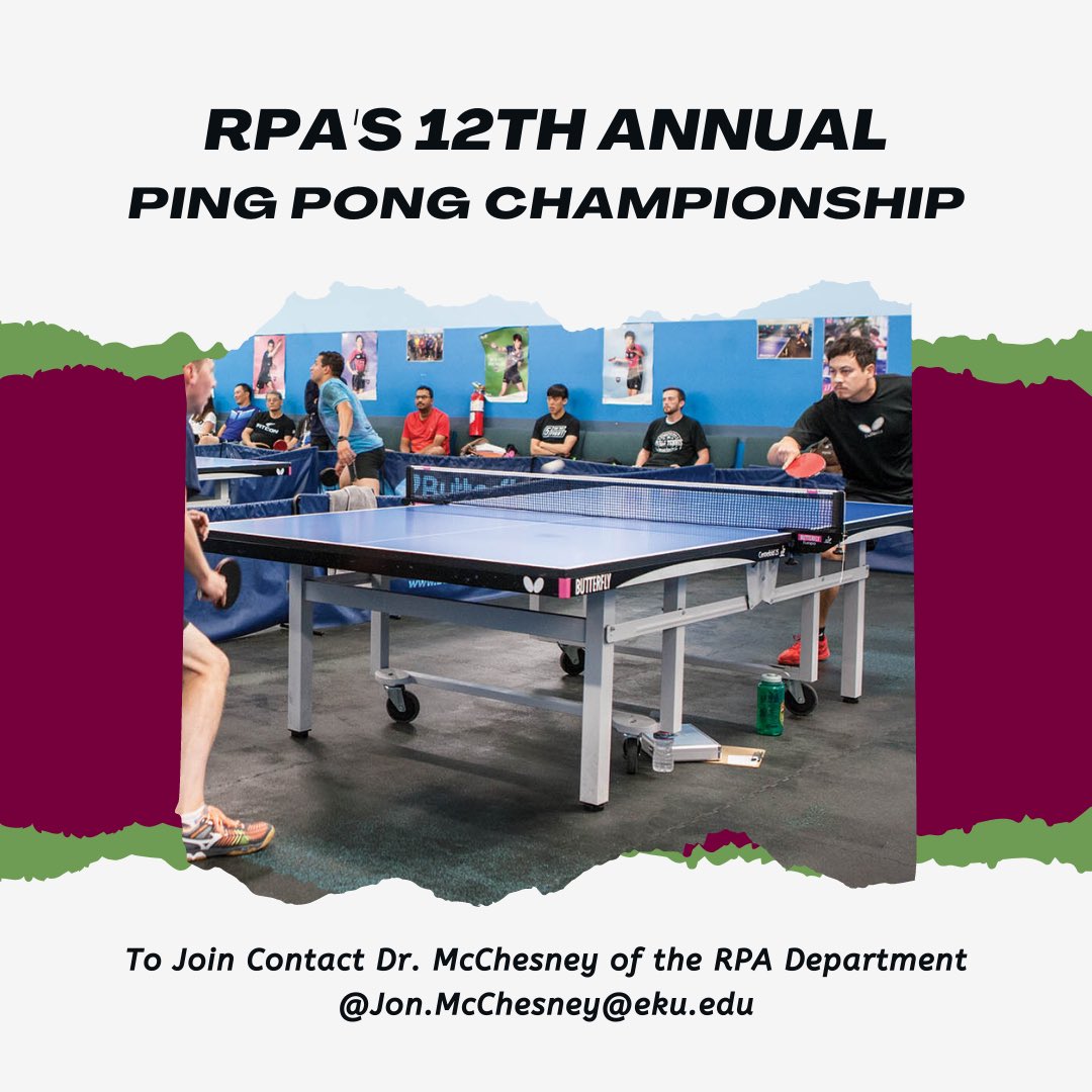 EKU RPA (@ekurecandpark) on Twitter photo Think you’re the best on the table. Test your skills against the RPA department and it’s students. To participate email Dr. McChesney at jon.mcchesney@eku.edu. Sign ups end today so reach out ASAP🏓🏆 Think you’re the best on the table. Test your skills against the RPA department and it’s students. To participate email Dr. McChesney at jon.mcchesney@eku.edu. Sign ups end today so reach out ASAP🏓🏆