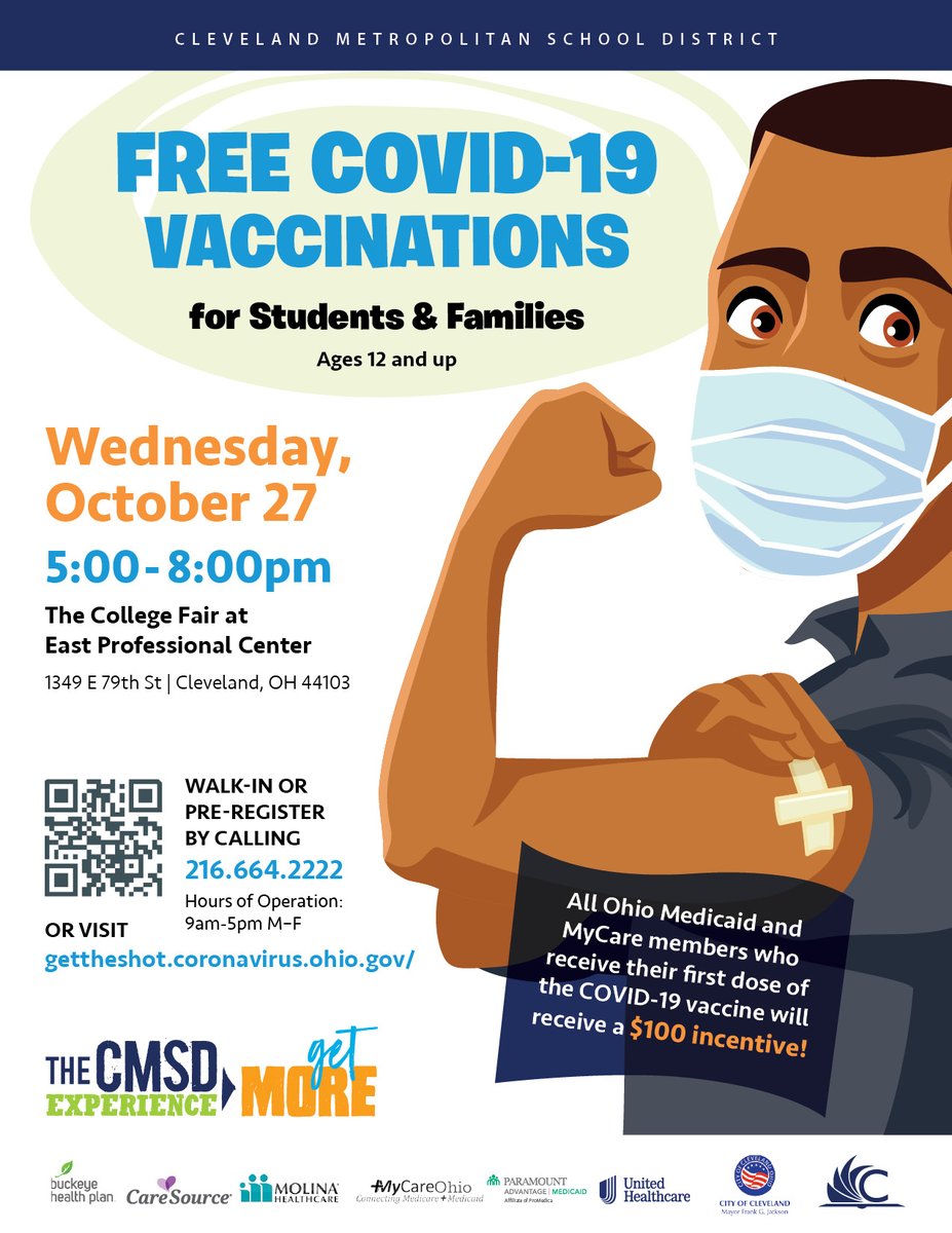 Happening this Wednesday!! CMSD Students (ages 12+), their families and the public are welcome to come the East Professional Center from 5pm to 8pm to receive a COVID-19 Vaccination Clinic. No appointment is necessary. But you can call 216-664-2222 to pre-register.