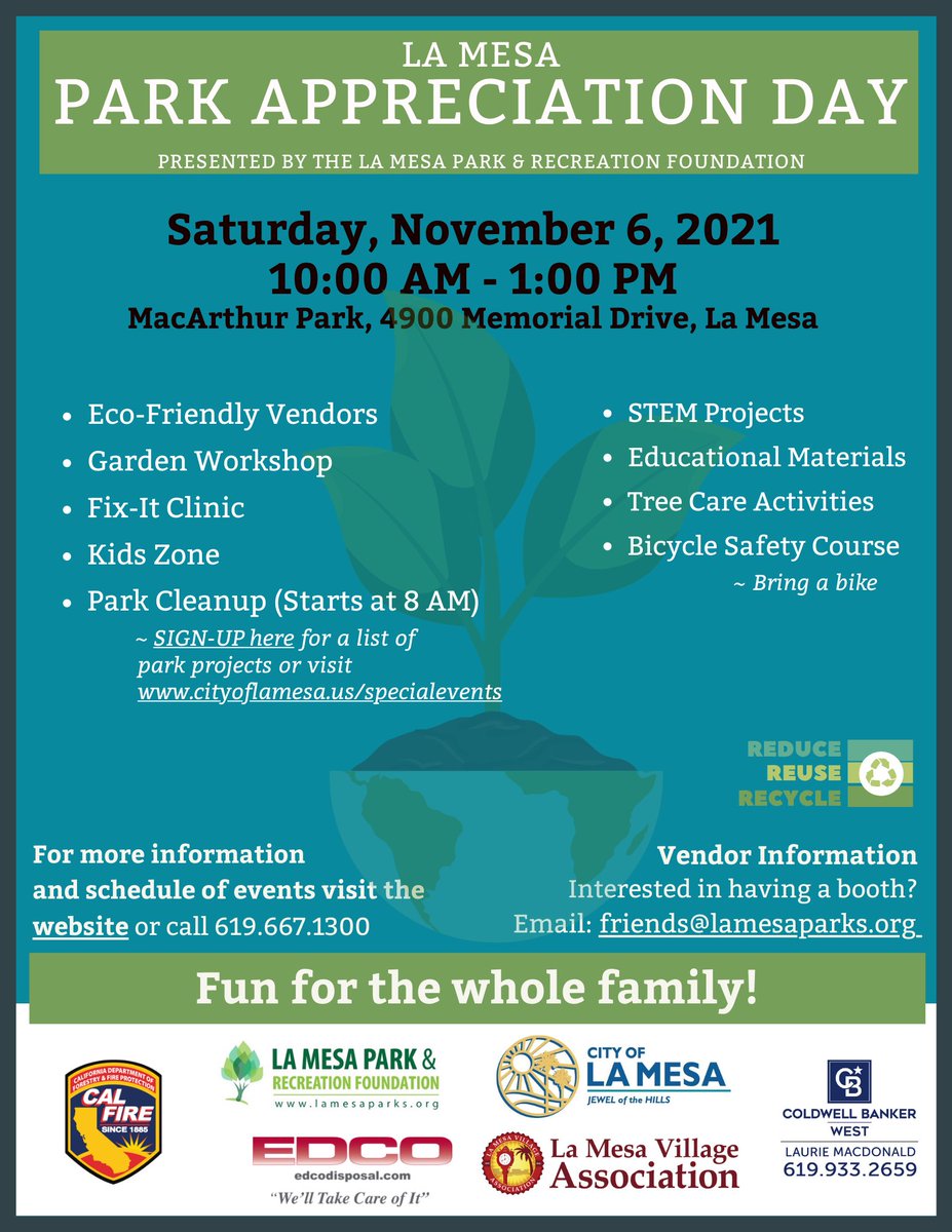 Join us on Nov 6 to beautify parks across La Mesa. Afterwards, starting at 10 am head to MacArthur Park for a free Earth Day Fair with eco-friendly resources, products and activities, children’s area, tree planting workshop, food truck, and more. #lamesaparks