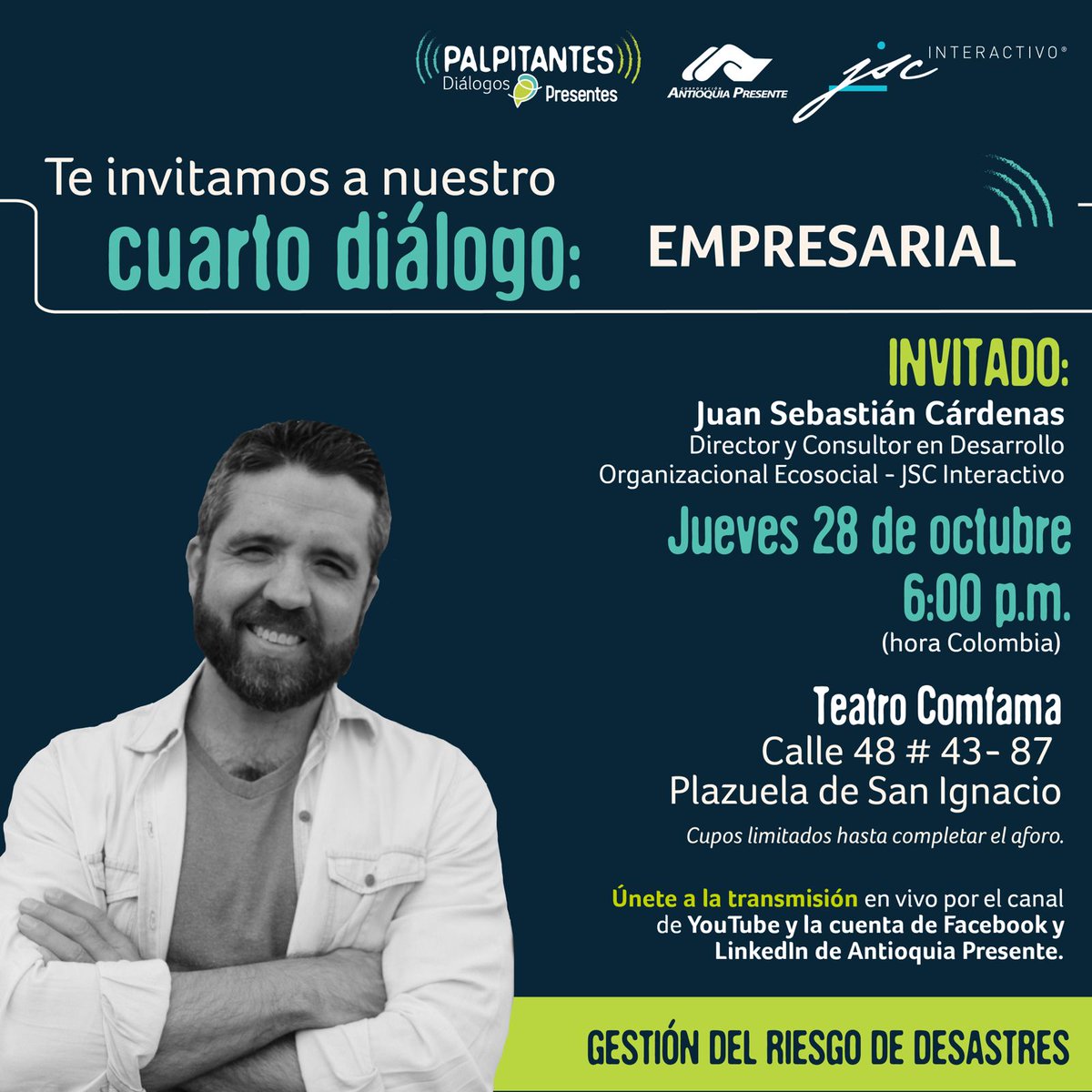 Presentesco's tweet photo. Esta semana llega nuestro Cuarto Diálogo #Palpitante. Conversaremos sobre resiliencia, adaptación y regeneración como apuesta de las empresas, para salvar vidas, territorios y culturas. Todo esto en el marco de la Gestión del Riesgo de Desastres, entendida como eje de desarrollo. https://t.co/yXOursl2KV