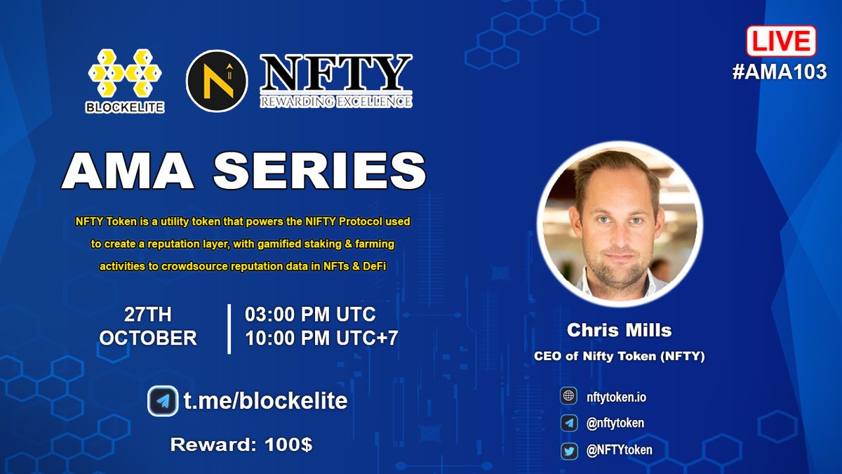 blockelite's tweet photo. #AMA103 Blockelite x Nifty Token (NFTY) on 27th October at 03:00 PM UTC I 10:00 PM (UTC+7)

Total Reward: 100$

Rules:
1. Detail: https://t.co/N2nfB2adwA
2. Follow @blockelite &amp; @NFTYtoken
3. Join: https://t.co/nnyn9py1Ft
4. Like, rt, ask max 3 questions each person https://t.co/Mlhlrb2JYP