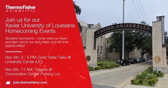 pac_xula's tweet photo. We are proud to announce one of Xavier University's homecoming sponsors @thermofisher will be present on campus during #XUHC21, hosting several events while meeting students as well as alum to meet the early talent and extend the amazing opportunities that are available! #XULA https://t.co/EOVCS7Pb9R