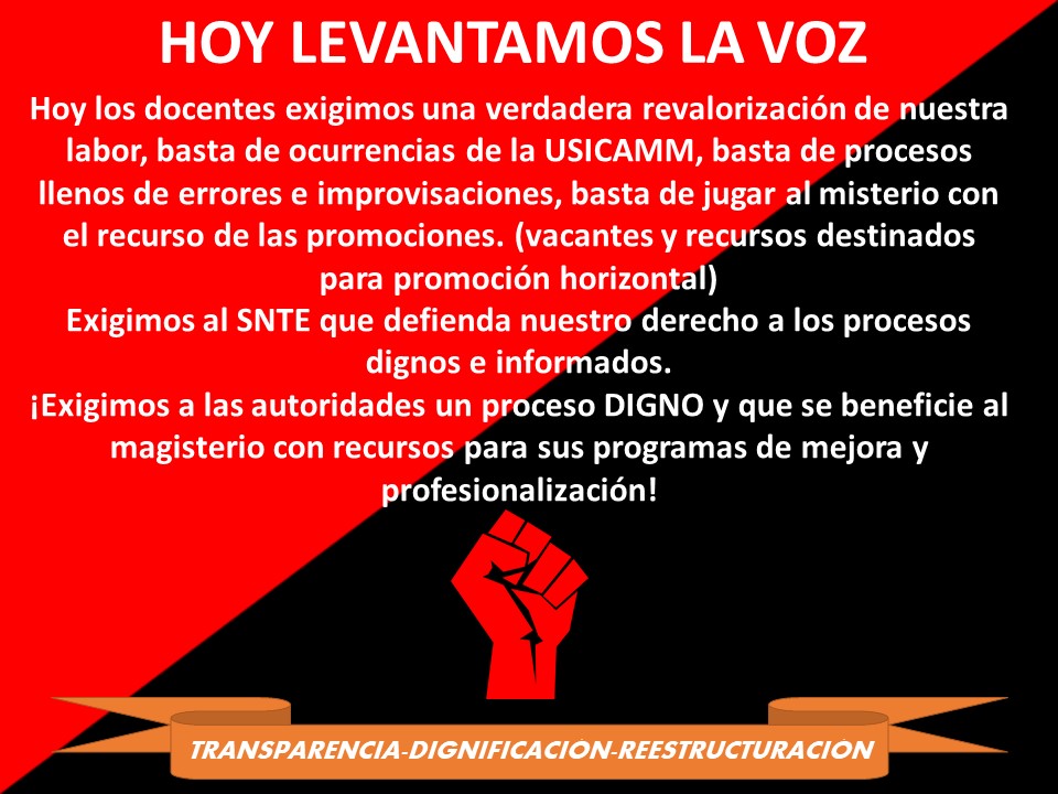 YvanMarchando's tweet photo. #FUERAUSICAMM #TRANSPARENCIAUSICAMM #REVALORIZACIÓNDOCENTE @USICAMM_OFICIAL  @SEP_mx @lopezobrador_ @Adela_PBernal @SnteNacional  Los docentes de México exigimos TRANSPARENCIA y una verdadera DIGNIFICACIÓN del MAGISTERIO, queremos un PROCESO OBJETIVO Y TRANSPARENTE. https://t.co/z1JAHlDXAR