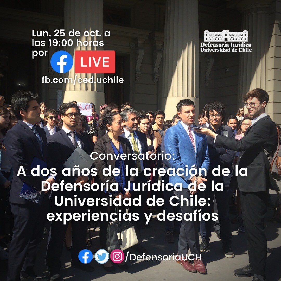 📌 A 2 años de la creación de la Defensoría Jurídica de la Universidad de Chile, te invitamos a un conversatorio donde conversaremos sobre experiencias y desafíos en la defensa de los DDHH.

⏰ Hoy - 19:00 hrs. 
🖥 Transmisión en vivo por FB Live: fb.com/ced.uchile.