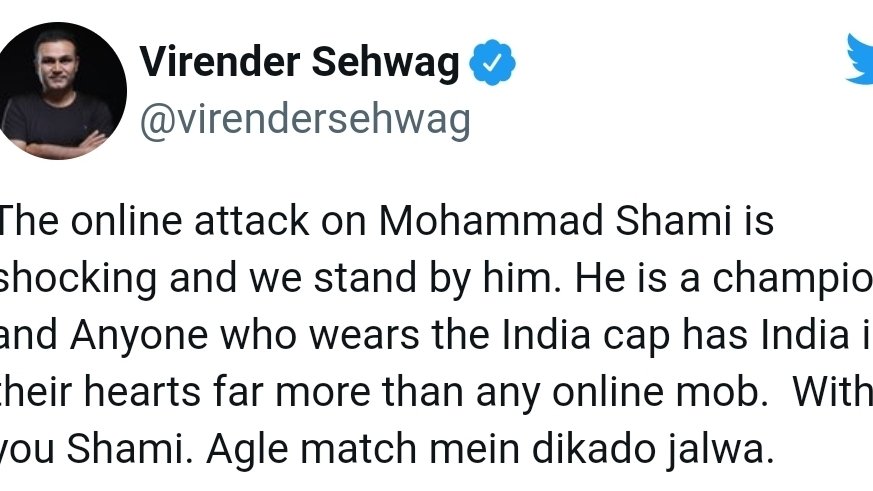odisha_press's tweet photo. 'The online attack on #MohammadShami is shocking and we stand by him' twitted @virendersehwag.  He has come out in defense of  Shami, who  has been subject to #vile comments on #SocialMedia following India's defeat to #Pakistan https://t.co/UGuQEqLjNm