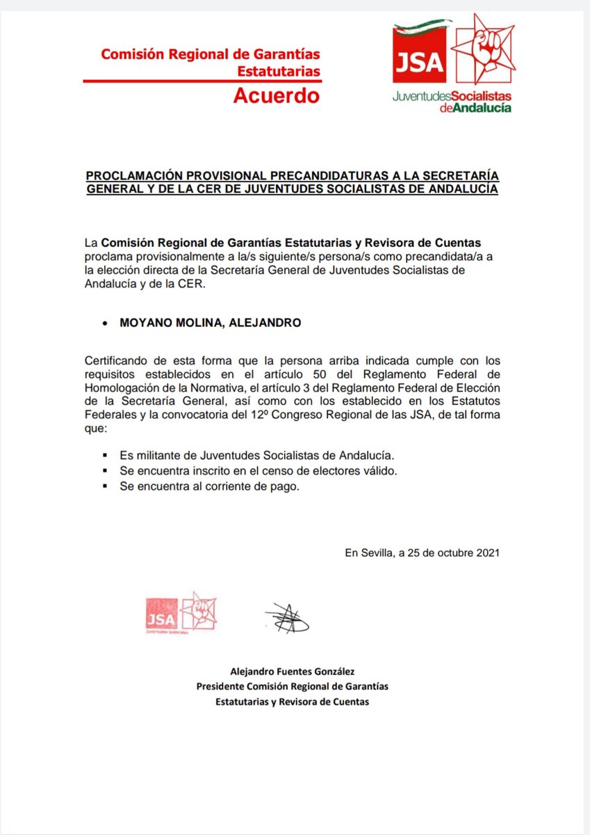 JSAndalucia's tweet photo. Acaba de ser proclamado precandidato único a la Secretaría General de @JSAndalucia el compañero @Moyano_Ale.

Ha sido el único afiliado/a que ha manifestado la voluntad de concurrir al proceso. 

A partir de mañana se iniciará la recogida de avales.

#12CongresoJSA https://t.co/k4hL5Ul2f0