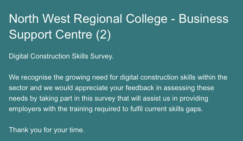 Digital Construction Skills Survey from <a href="/nwrc_bsc/">NWRC Business Support Centre</a> Please share  forms.office.com/Pages/Response… #Derry #Limavady #Strabane #Donegal #Inishowen