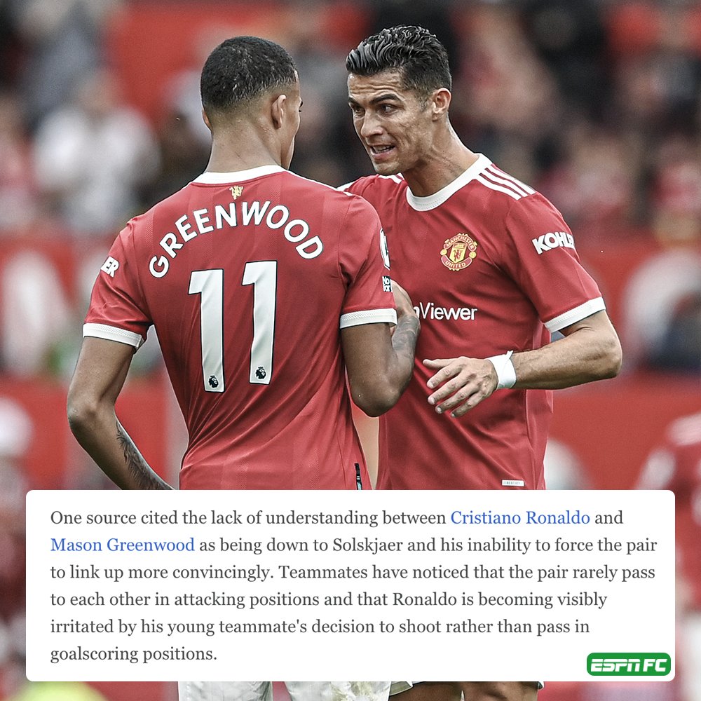 ESPNUK's tweet photo. Solskjaer is struggling to get Ronaldo and Greenwood to link up, sources have told @MarkOgden_ 😬 https://t.co/LxG7XfIzDp