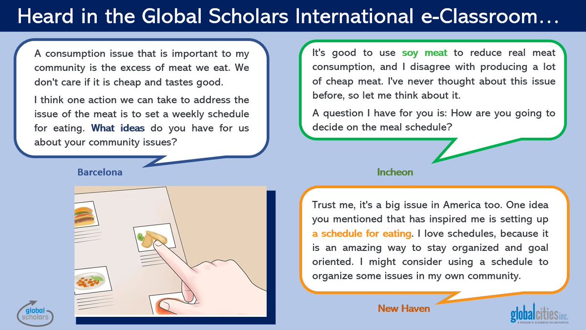 GlobalCitiesOrg's tweet photo. Global engagement is 1 of 9 learning outcomes that int'l digital exchange can advance.
Here is how it looks as 10-to-13 year-old Global Scholars from diverse cities–Barcelona, Incheon, & New Haven–exchange ideas & support. Their posts become another primary source for learning. https://t.co/EmQnV9ESfz