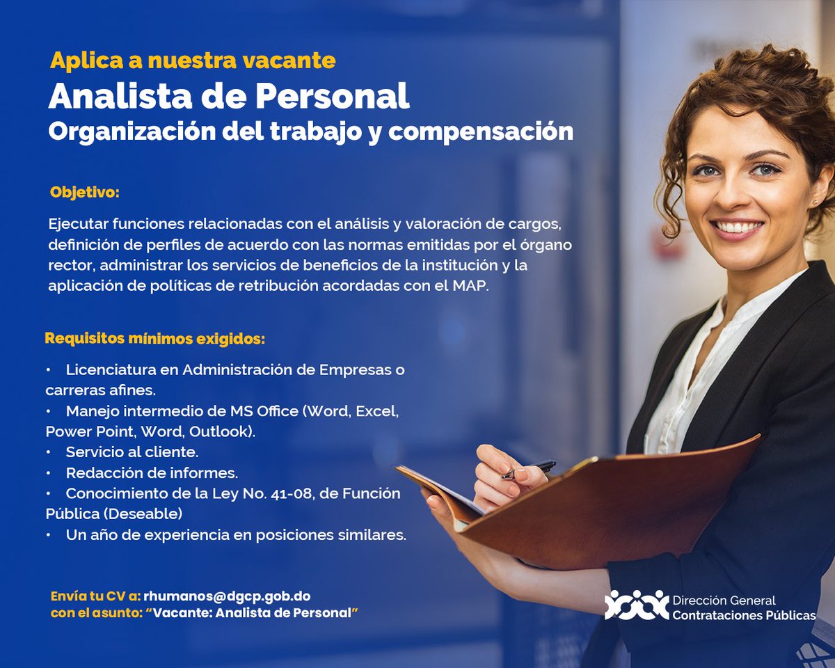 ComprasRD's tweet photo. ¿Quieres formar parte de nuestra #FamiliaDGCP? Estamos buscando a un/a Analista de Personal. 
👇Conoce los requisitos para aplicar. 

📩Envía tu CV a rhumanos@dgcp.gob.do con el asunto “Vacante: Analista de Personal”.

#Vacantes #OportunidadLaboral #ComprasDO https://t.co/rjBXtz7e9a
