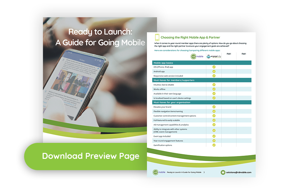 RDMobile's tweet photo. The Ready to Launch: Guide for Going Mobile will help you choose the best app and partner to elevate your organization and provide greater value to members: https://t.co/YxS6RjV9o3. Includes interactive checklist.
 
#rdmobile #memberapp #engagefully #associations #eventtech https://t.co/GElwMYv53w