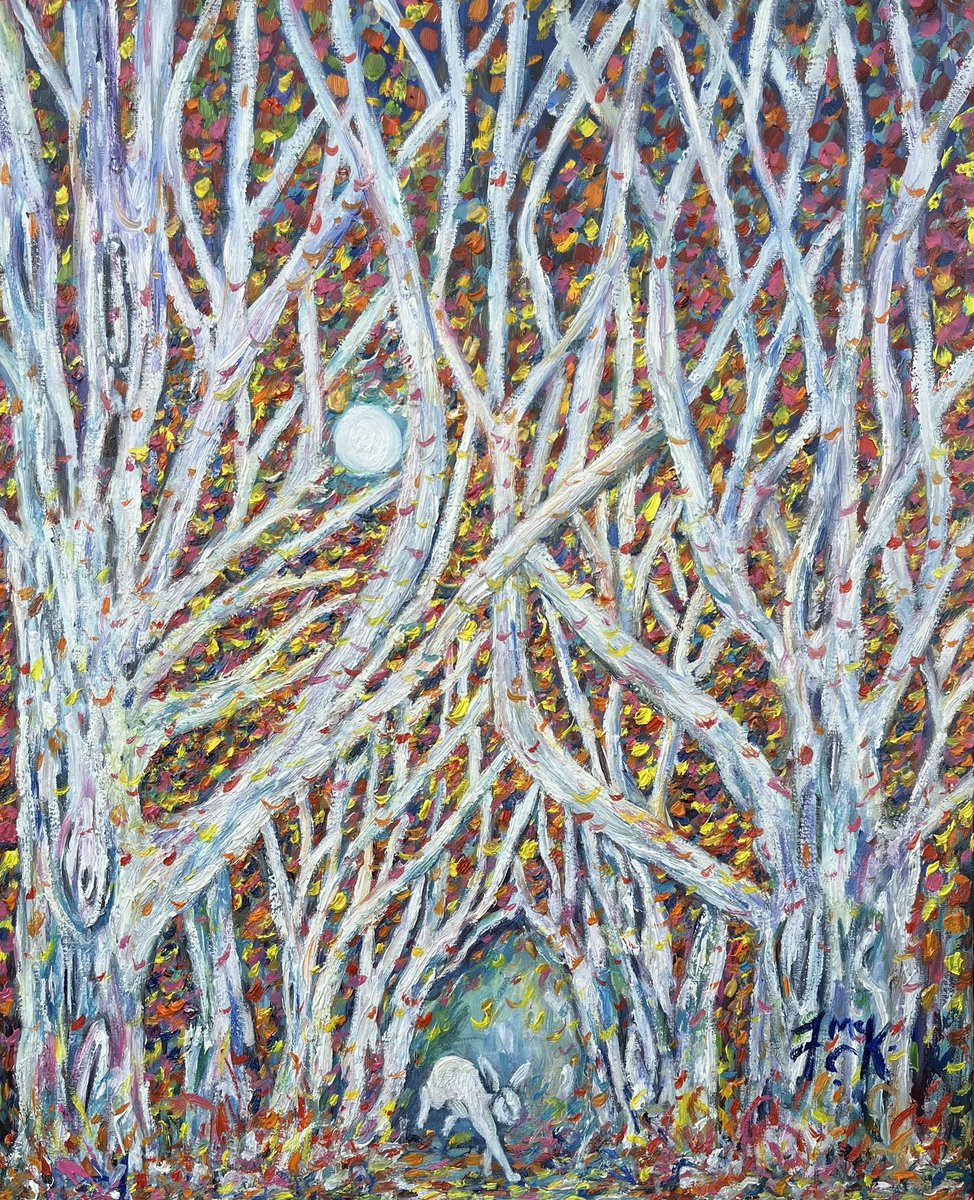 A Magical Moonlit Dark Hedges, Beneath an Autumn Veil, Antrim oil on canvas 20” x 24” limited edition prints available francesmckennairishart.com #autumn#art#irishart #darkhedges#antrim#oilpainting#magical#moon#hare&amp;moon#autumncolour#moonlight#artoftheday#