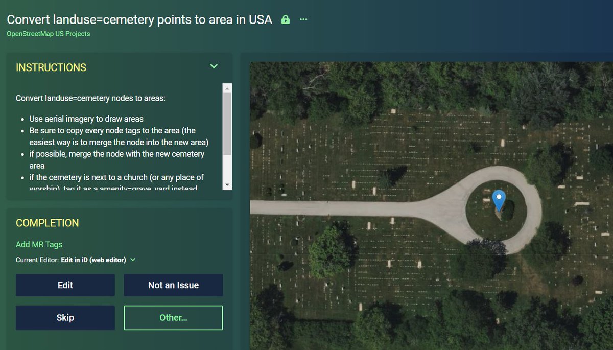 OpenStreetMapUS's tweet photo. It's #MapRouletteMonday! Looking for some spooky mapping ideas? Help improve cemetery data in the US with this @MapRoulette challenge: https://t.co/Ue66PsjxCG https://t.co/lXVmHdT76e