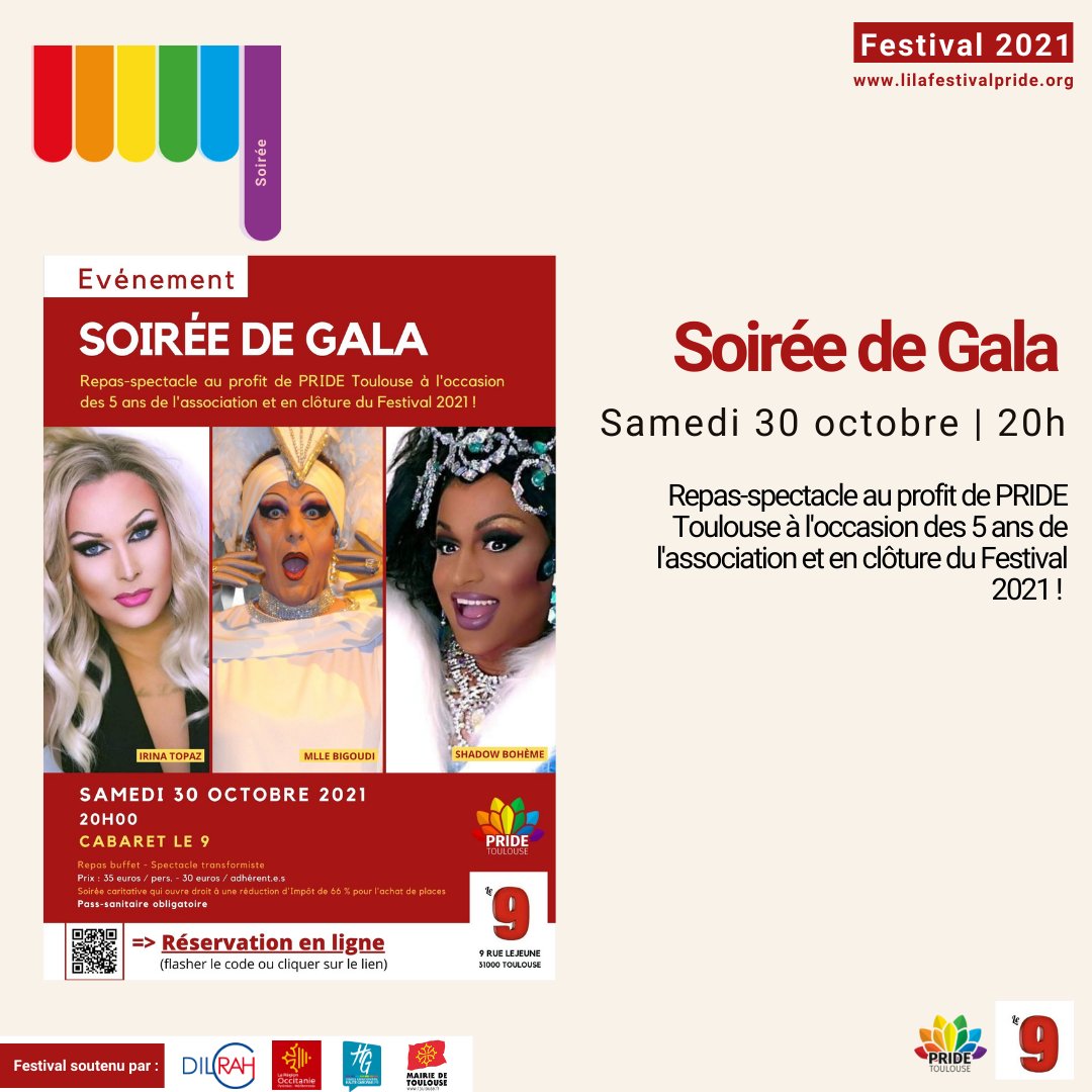 👋Cher.e.s ami.e.s,
 
👉 Au profit de PRIDE Toulouse et à l'occasion des 5 ans de l'association et de la clôture du festival 2021, une soirée de gala se tiendra au Cabaret le 9 samedi 30 octobre de 20h à 3h ! 

🎟 Billets à retirer : bit.ly/313xEhL

#LGBT #pridetoulous