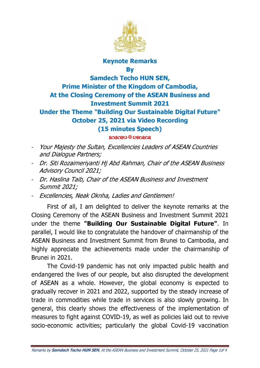 Peace_Palace_KH's tweet photo. Keynote remarks by Cambodian PM at the closing ceremony of @ASEAN Business and Investment Summit 2021 under the theme "Building our Sustainable Digital Future", on 25 October 2021 via video recording https://t.co/3UcyGdb620
