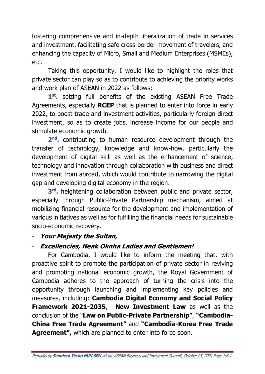 Peace_Palace_KH's tweet photo. Keynote remarks by Cambodian PM at the closing ceremony of @ASEAN Business and Investment Summit 2021 under the theme "Building our Sustainable Digital Future", on 25 October 2021 via video recording https://t.co/3UcyGdb620