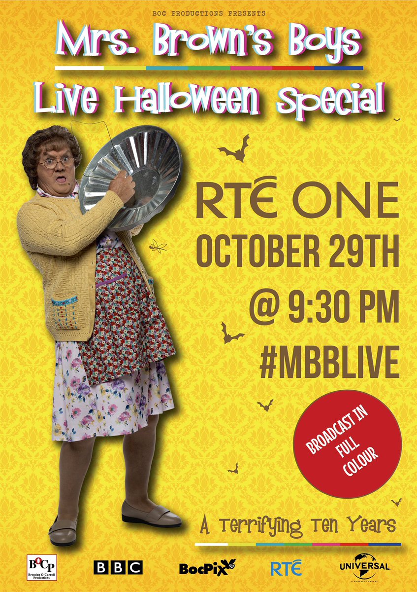 MrsBrownsBoys's tweet photo. We’re live next Friday with our Halloween Special at 9:30 pm on RTE ONE 🎃 #mbblive @RTEOne https://t.co/TZQuBjNMzV