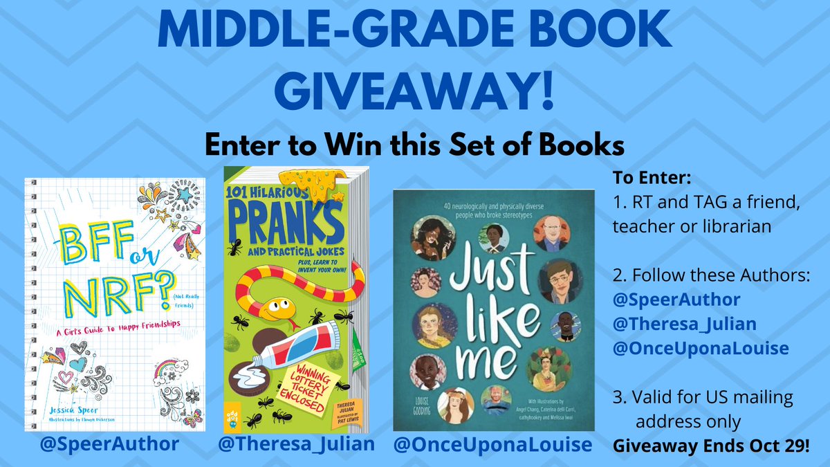 Theresa_Julian's tweet photo. 👏 MIDDLE GRADE BOOK GIVEAWAY!! 👏

To Enter:
1. RT and TAG a friend, teacher or librarian
2. Follow these Authors: @SpeerAuthor / @Theresa_Julian / @OnceUponaLouise
3. Valid for US mailing address only

Giveaway Ends Oct 29!

#mglit #the21ders #giveaways #books #family #kids https://t.co/vdC9Yl31pc