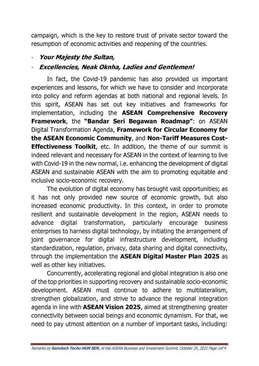 Peace_Palace_KH's tweet photo. Keynote remarks by Cambodian PM at the closing ceremony of @ASEAN Business and Investment Summit 2021 under the theme "Building our Sustainable Digital Future", on 25 October 2021 via video recording https://t.co/3UcyGdb620