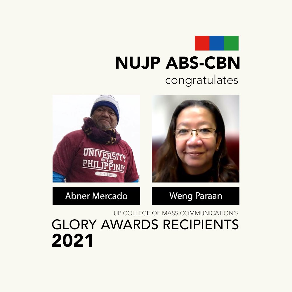 NUJP_ABSCBN's tweet photo. NUJP ABS-CBN Chapter congratulates Ms. @wengparaan of ABS-CBN News Public Service, and former secretary general of NUJP, as well as veteran broadcast journalist Abner Mercado for winning the Glory Awards 2021! Congratulations! https://t.co/L4mTbUA27w