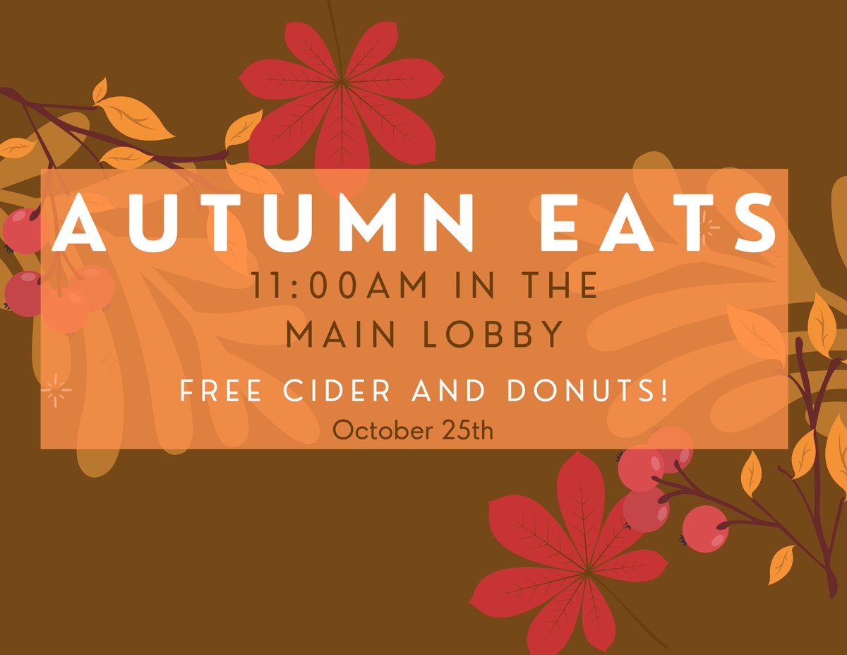 TRCCSPO's tweet photo. Autumn Eats is TODAY!! Starting at 11:00am stop by the main lobby for free cider and donuts! The best way to celebrate the changing of the seasons is with some fall treats!🍂🍁
#trccspo #threeriverscc #autumneats https://t.co/tPvG4QOwQm