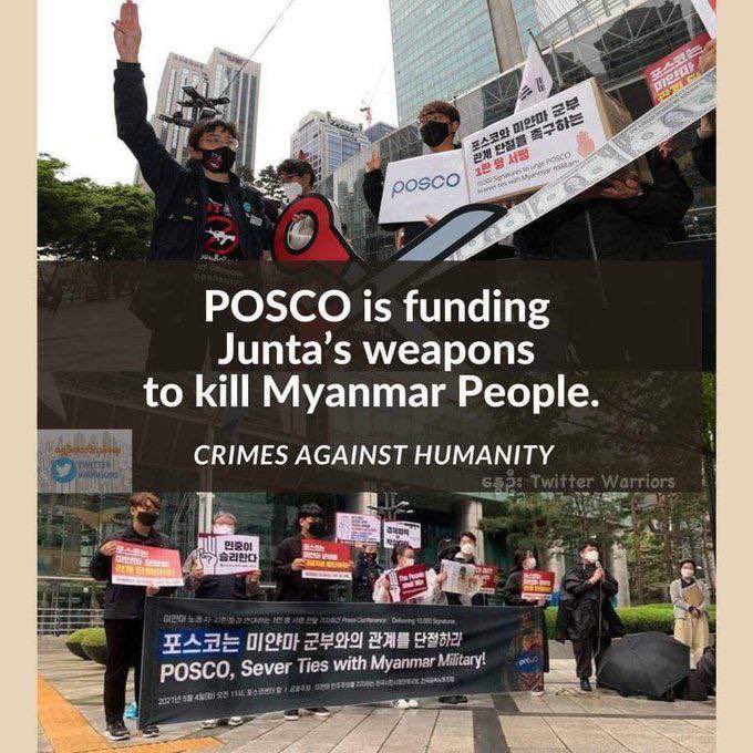 POSCO and all Investors around the world must sanctions on Genocidal Junta from Myanmar. Your investing might be used to buy weapons for Killing thousands of innocent lives including children and women. Stop Handshaking with Murders. Sanctions MOGE asap.  #POSCO_StopSupportingSAC