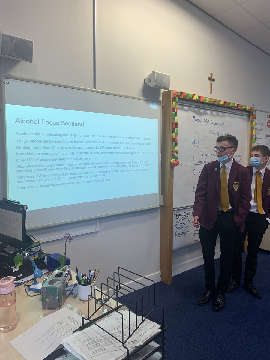 Higher Modern Studies were presenting to the class their research into smoking and alcohol as causes of Health Inequalities. Some excellent statistics gathered, as well as, data to link these to our other factors.